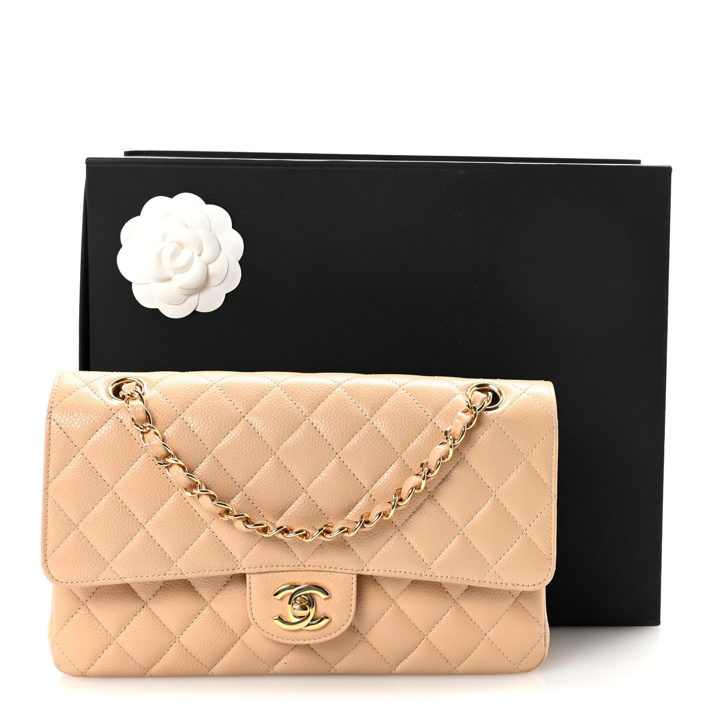 Caviar Quilted Medium Double Flap Beige