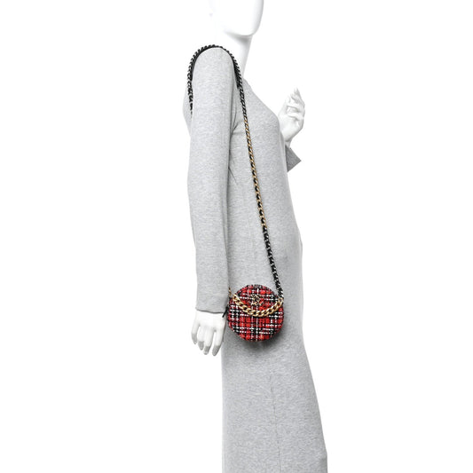 Tweed Quilted Chanel 19 Round Clutch With Chain Red Black White Green