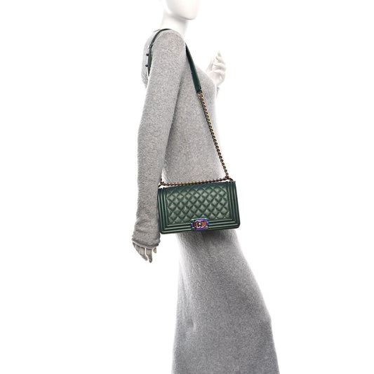Iridescent Goatskin Quilted Medium Boy Flap Green