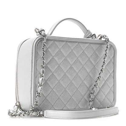 Metallic Caviar Quilted Large CC Filigree Vanity Case Silver