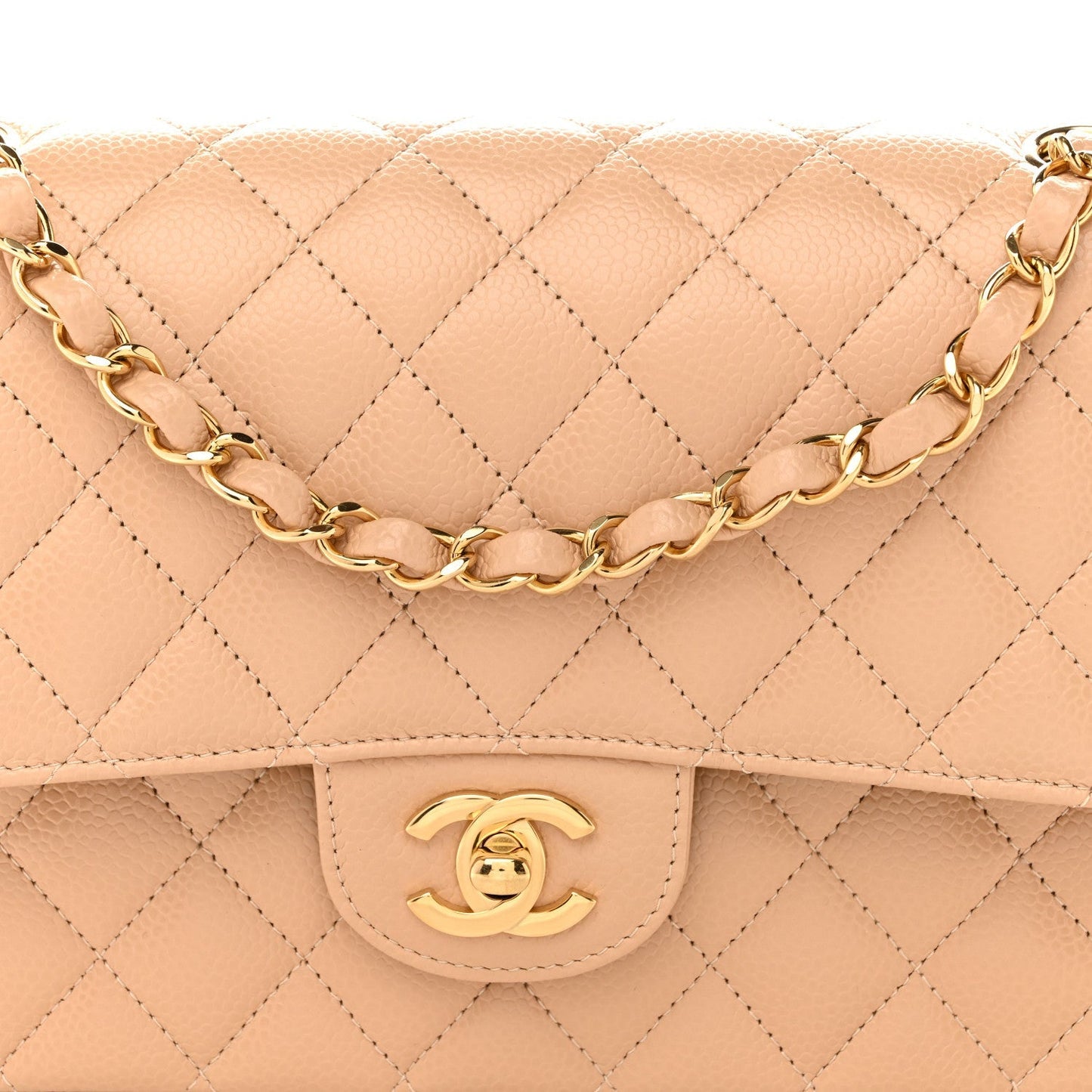 Caviar Quilted Medium Double Flap Beige
