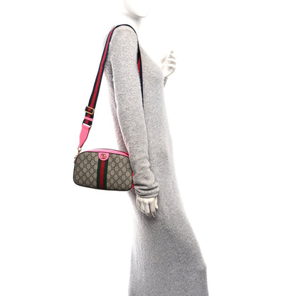 GG Supreme Monogram Textured Dollar Calfskin Web Ophidia Small Crossbody Bag Beige Ebony Fuchsia