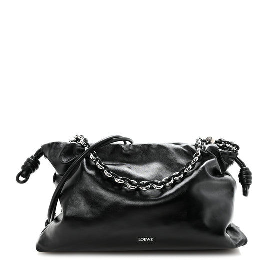 Patent Lambskin Donut Chain Large Flamenco Knot Clutch Black