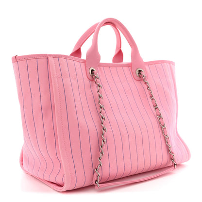 Canvas Calfskin Striped Large Deauville Tote Pink Blue