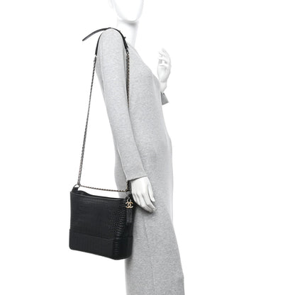 Crocodile Embossed Calfskin Medium Gabrielle Cocodile Hobo Black