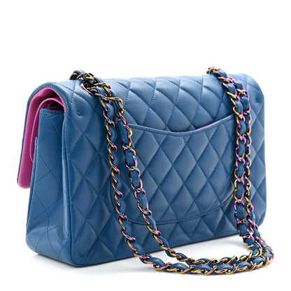 Lambskin Quilted Medium Double Flap Blue Pink