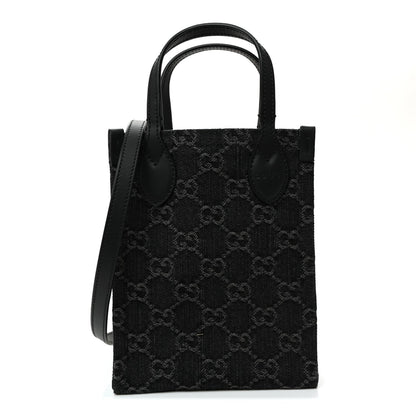 Denim Cuoio Harness GG Monogram Mini Ophidia Tote Bag Black Medium Grey