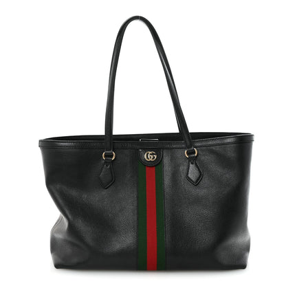 Textured Calfskin Web Medium Ophidia Shopping Tote Black