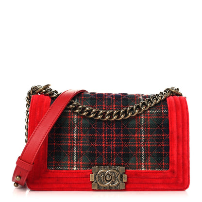 Velvet Plaid Tartan Quilted Medium Boy Flap Red