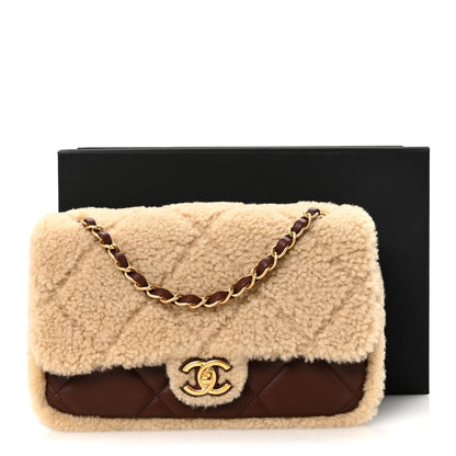 Shearling Lambskin Quilted Furry Coco Flap Dark Brown Beige