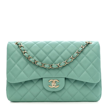Caviar Quilted Jumbo Double Flap Light Green