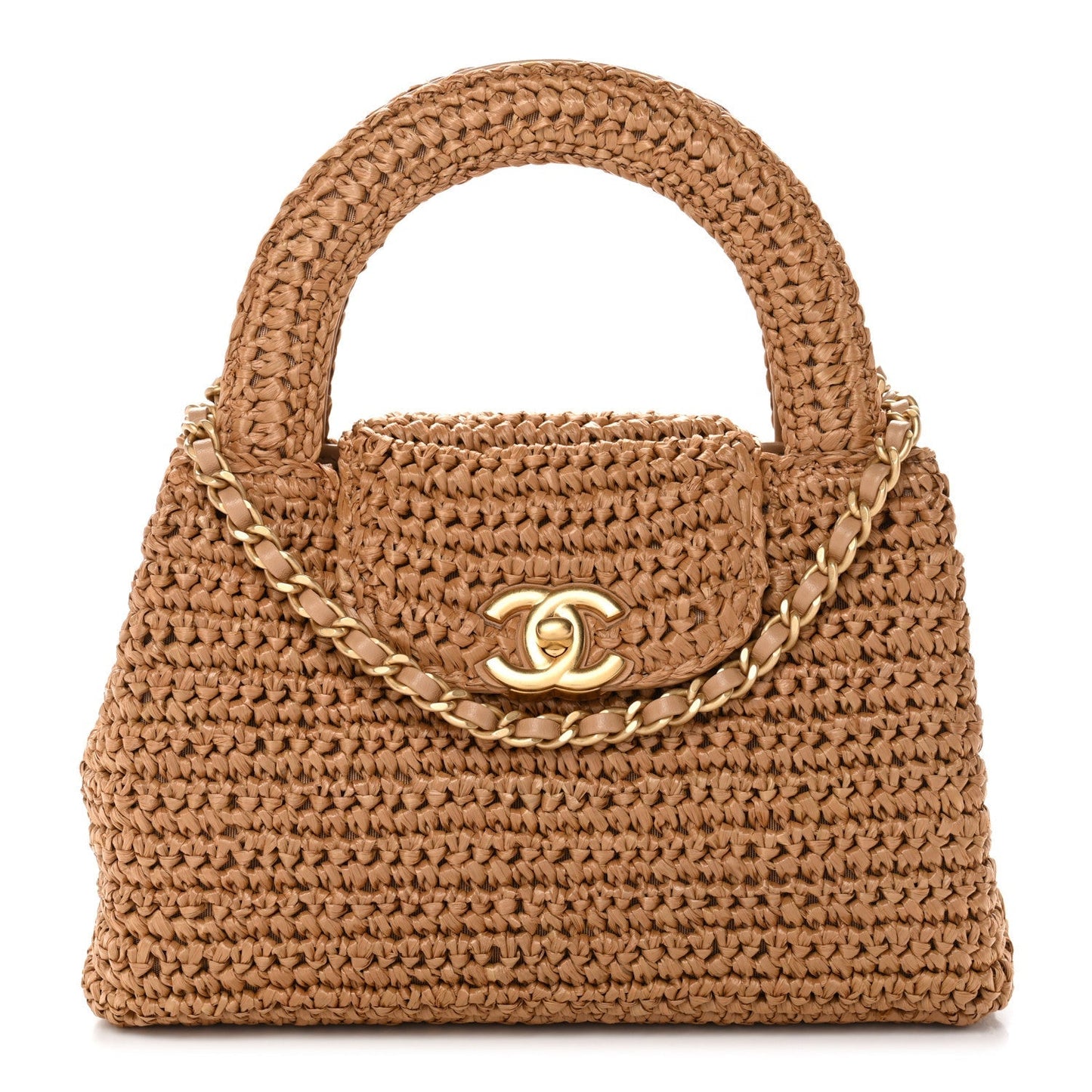 Braided Raffia Nano Kelly Flap Bag Dark Beige