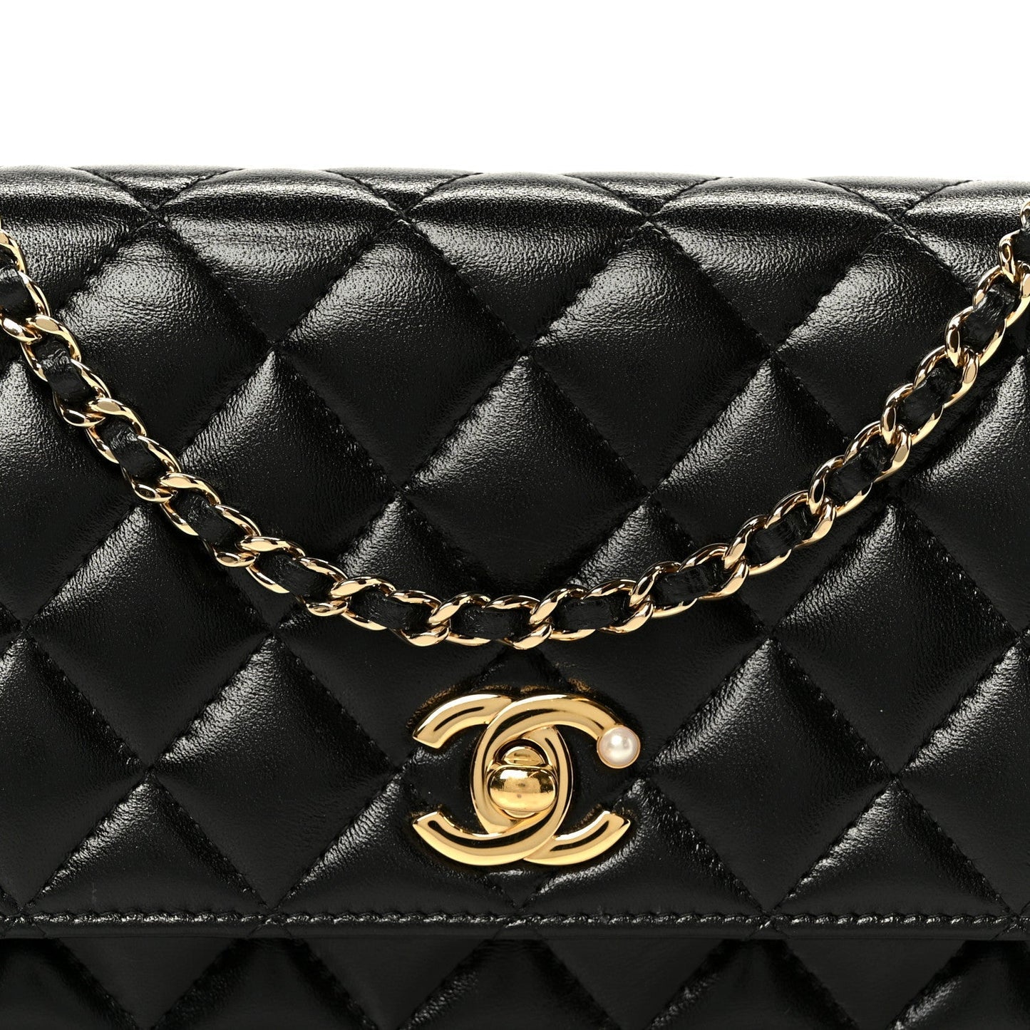 Shiny Lambskin Quilted CC Pearl Wallet on Chain WOC Black