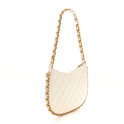 Shiny Crumpled Lambskin Quilted Trendy Chain Around Hobo White