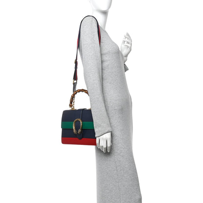 Moon Calfskin Bamboo Web Medium Dionysus Top Handle Bag Blue Emerald Hibiscus Red