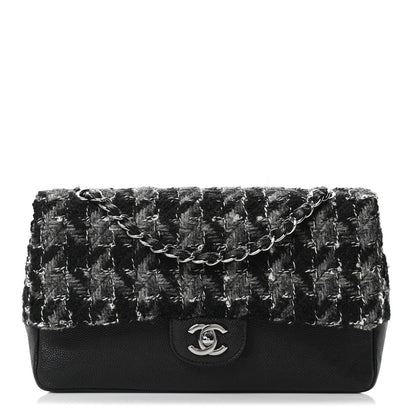 Caviar Tweed Houndstooth Quilted Medium Double Flap Black Grey