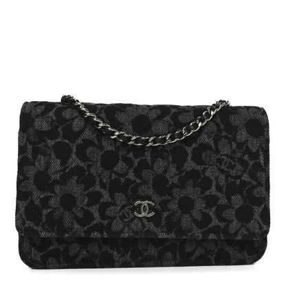 Printed Denim Quilted Flower Wallet On Chain WOC Black