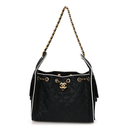Braided Raffia Calfskin Small Chanel 25 Handbag Black White