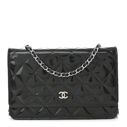 Patent Quilted Wallet On Chain WOC Navy Blue