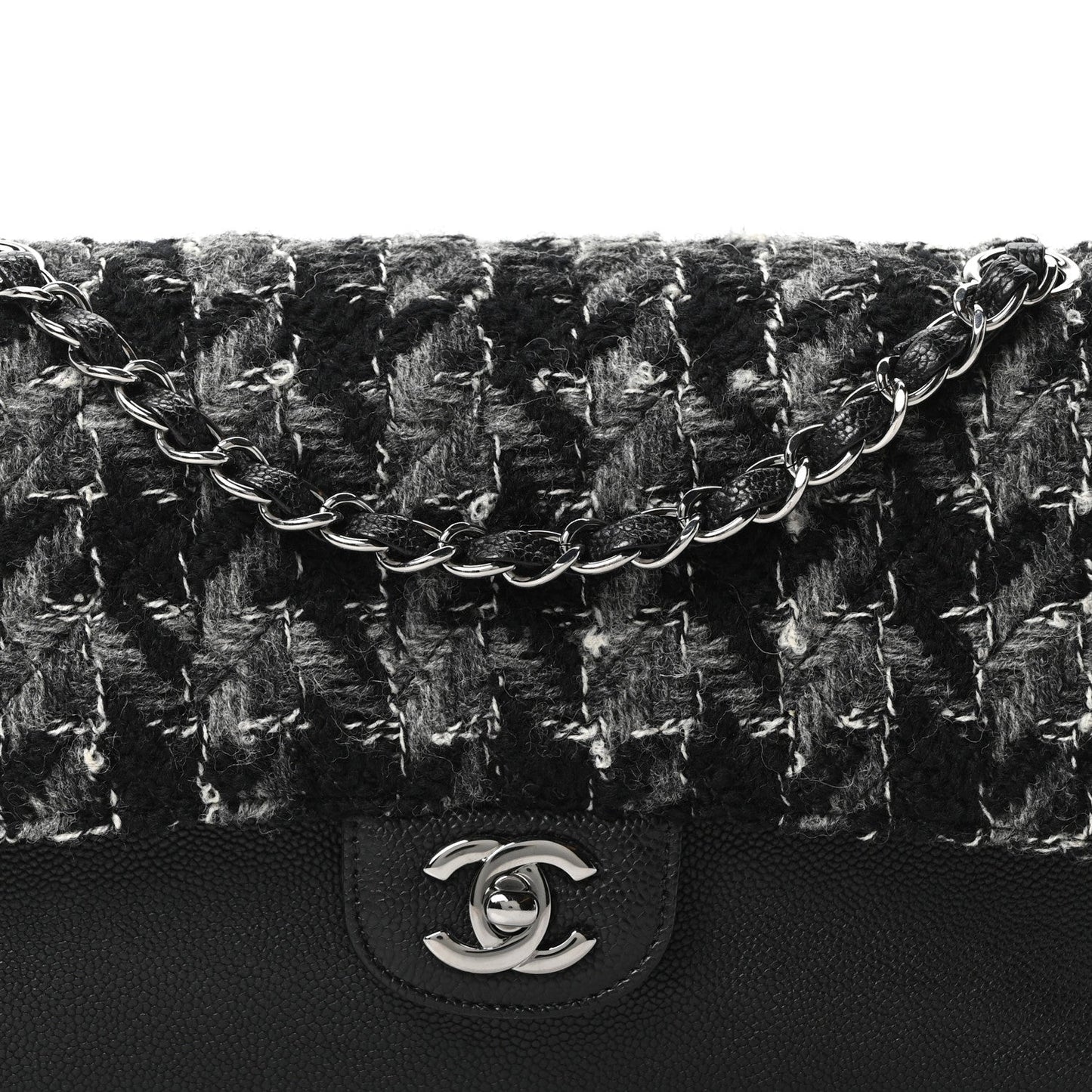 Caviar Tweed Houndstooth Quilted Medium Double Flap Black Grey