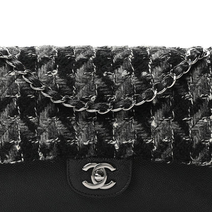 Caviar Tweed Houndstooth Quilted Medium Double Flap Black Grey
