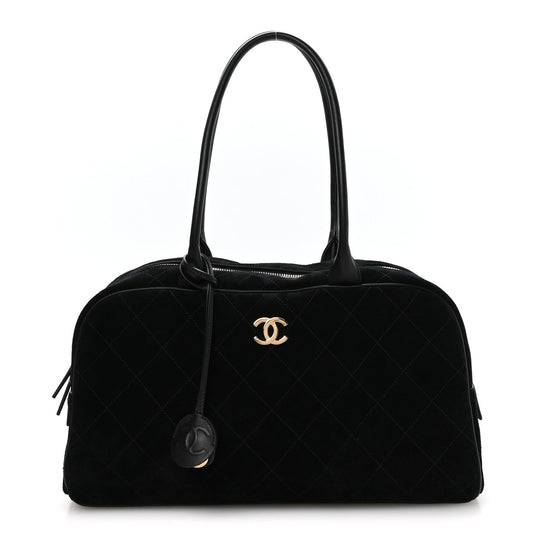Suede Calfskin Large Perfect Bowling Bag Black