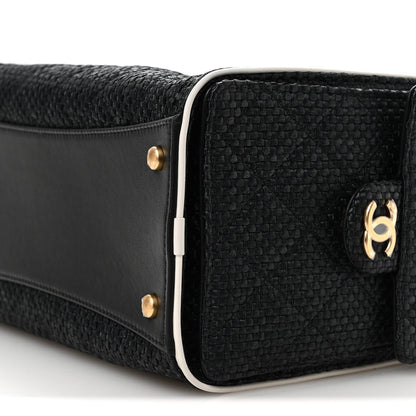 Braided Raffia Calfskin Small Chanel 25 Handbag Black White