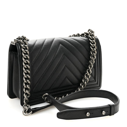 Caviar Chevron Quilted Medium Boy Flap Black