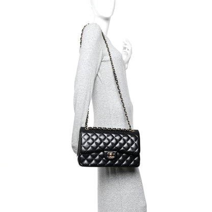 Lambskin Quilted Jumbo Double Flap  Black