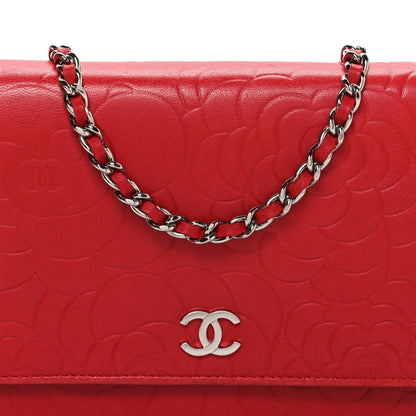 Lambskin Camellia Embossed Wallet on Chain WOC Red