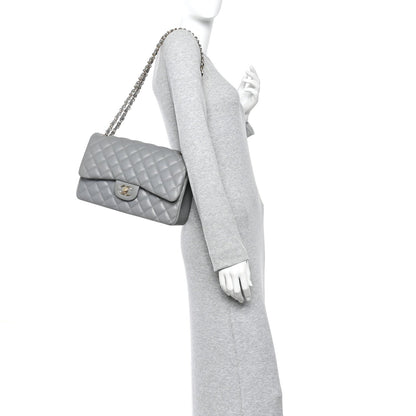 Caviar Quilted Jumbo Double Flap Grey