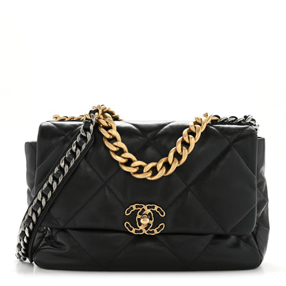 Shiny Goatskin Quilted Large Chanel 19 Flap Black