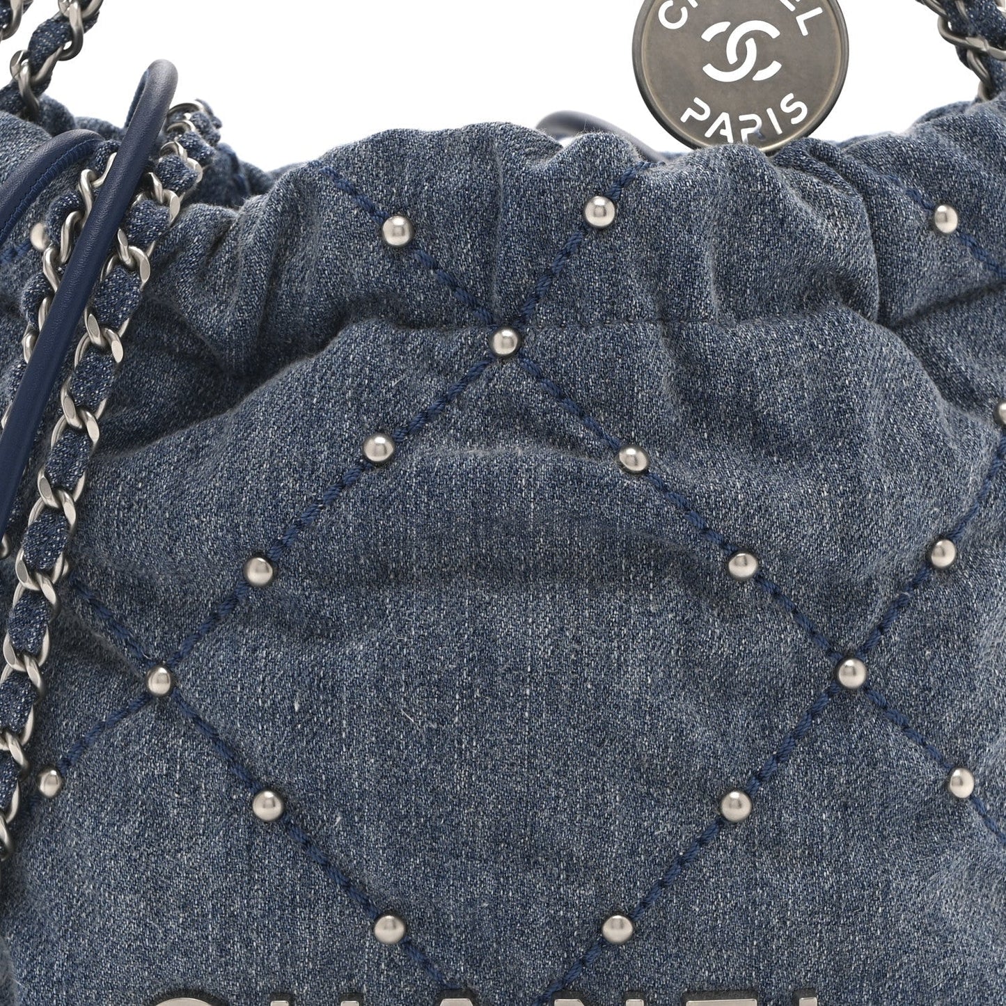 Washed Denim Quilted Studded Mini Chanel 22 Blue