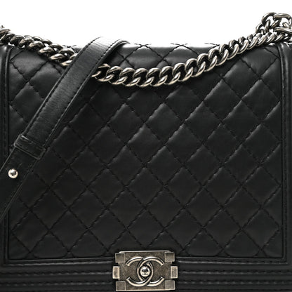 Calfskin Double Stitch Large Boy Flap Black