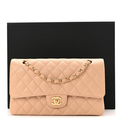 Caviar Quilted Medium Double Flap Beige