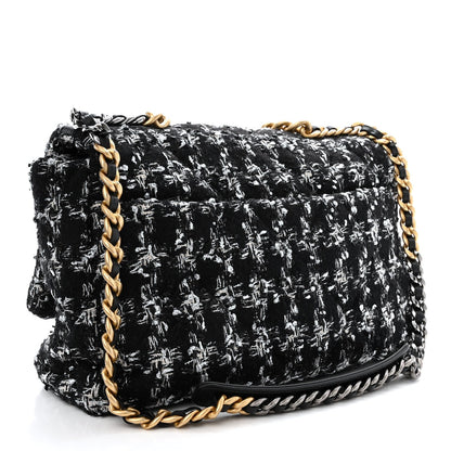 Tweed Quilted Maxi Chanel 19 Flap Black Silver Ecru