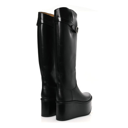 Calfskin Wedge Riding Boots 38 Black