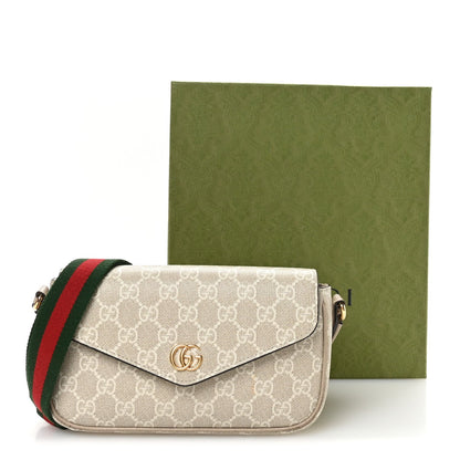 GG Supreme Monogram Textured Dollar Calfskin Web Mini Ophidia Envelope Shoulder Bag Beige Mystic White Oatmeal