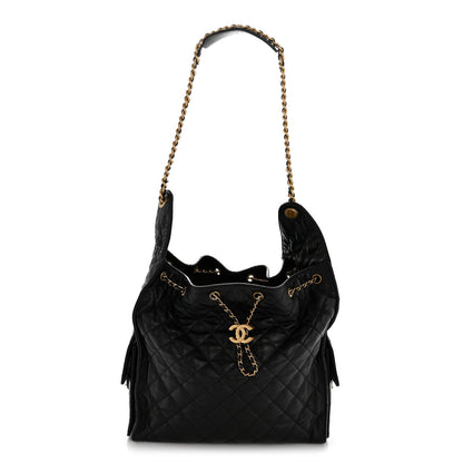 Shiny Crumpled Calfskin Quilted Medium Chanel 25 Handbag Black