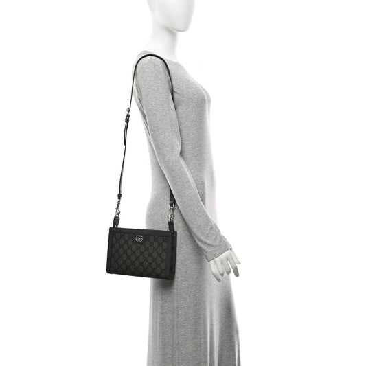 GG Supreme Monogram Textured Dollar Calfskin Web Small Ophidia Shoulder Bag Grey Black Graphite Grey