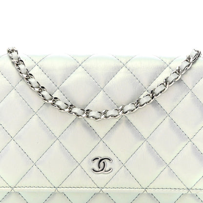 Iridescent Calfskin Quilted Wallet On Chain WOC Light Blue