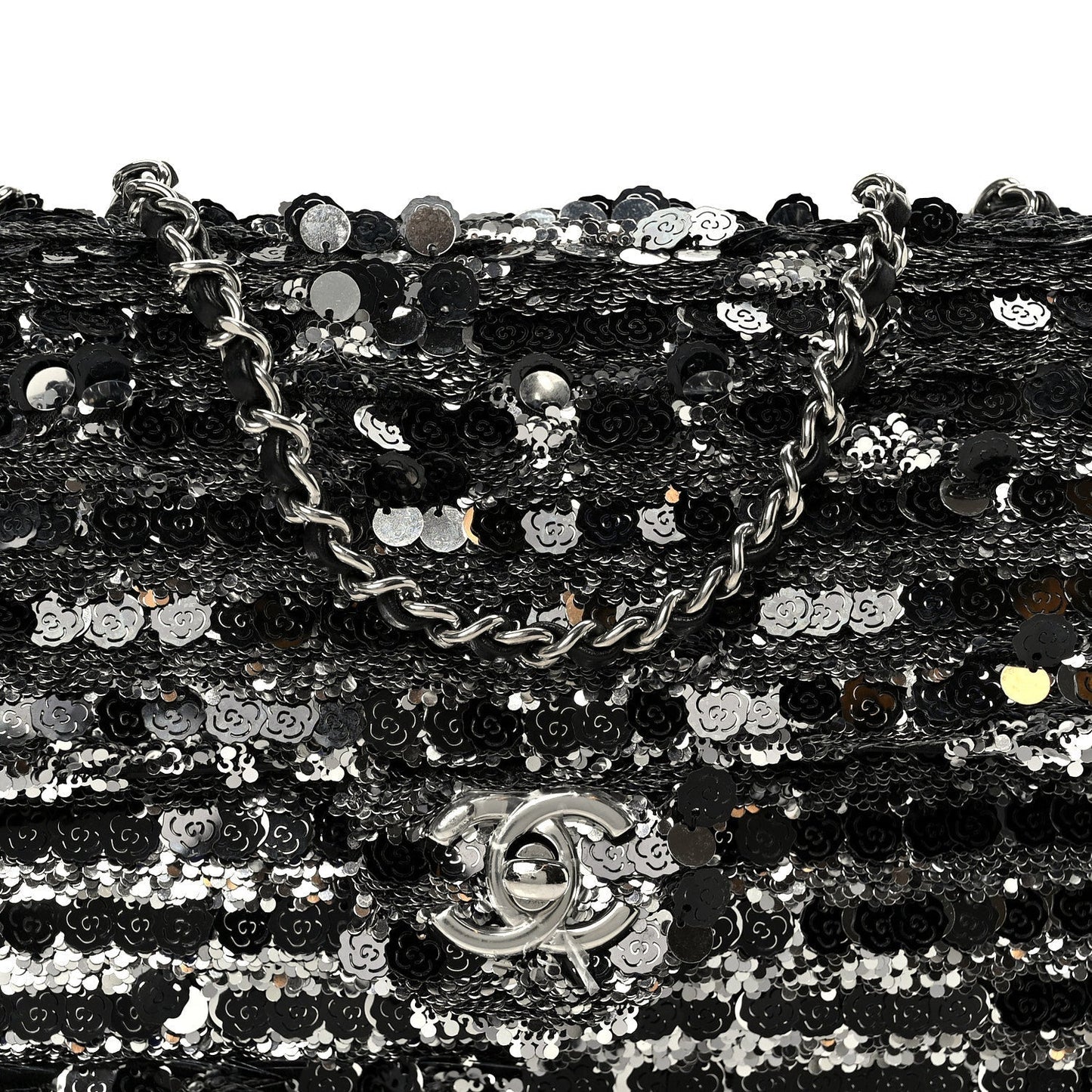 Sequin Camellia Small Single Flap Silver Black