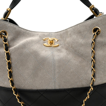 Suede Calfskin Shiny Lambskin Quilted Small Coco Base Shopping Bag Grey Black