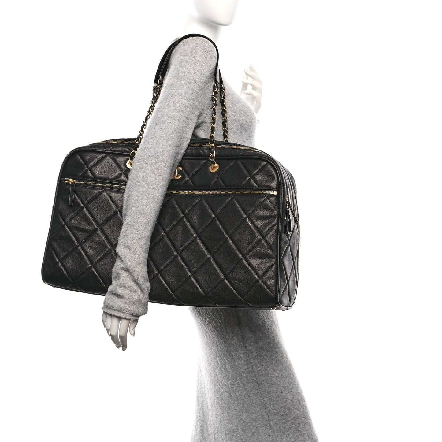 Shiny Grained Calfskin Quilted Large Travel Bowling Bag Black