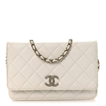 Caviar Quilted Perforated Metal CC Wallet On Chain WOC White