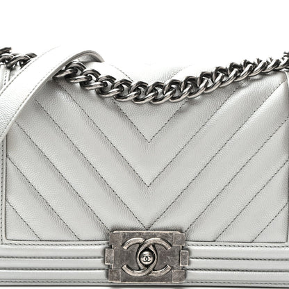 Metallic Caviar Chevron Quilted Medium Boy Flap Silver