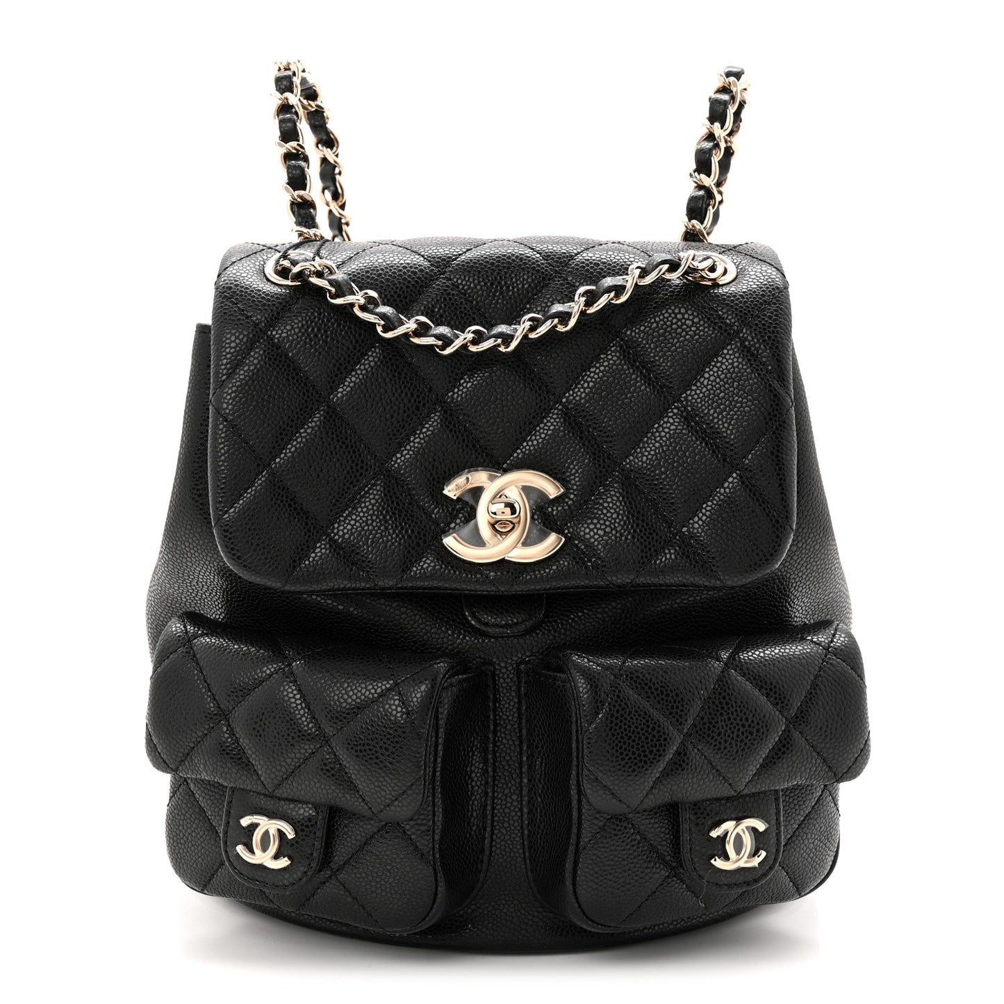 Shiny Caviar Quilted Medium Duma Pockets Drawstring Backpack Black