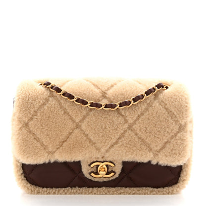 Shearling Lambskin Quilted Furry Coco Flap Dark Brown Beige