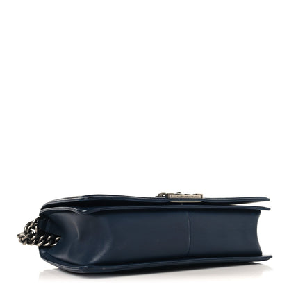 Calfskin Quilted Double Stitch New Medium Boy Flap Navy Blue