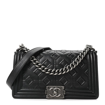 Calfskin Crystal Embossed Medium Boy Flap Black
